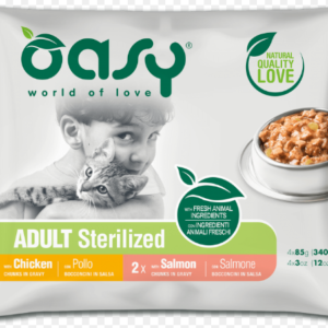 Alimento Umido Gatto - Oasy Adult Sterilizzato Bocconcini In Salsa Multipack 2 Pollo + 2 Salmone x gr.85